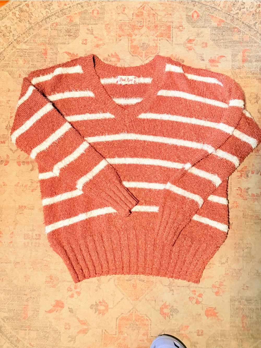 Pink Rose Coral and White Striped V-Neck Plush Sweater